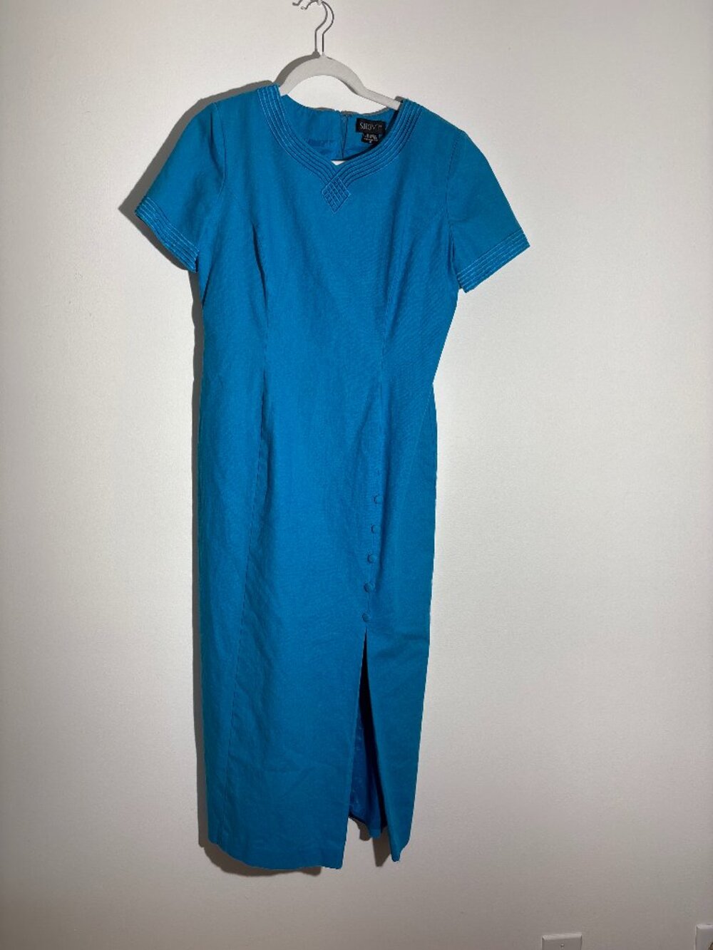 Vtg 90s SHOMI Turquoise Blue Linen Cotton Midi Sheath Dress Stitch Neck 8